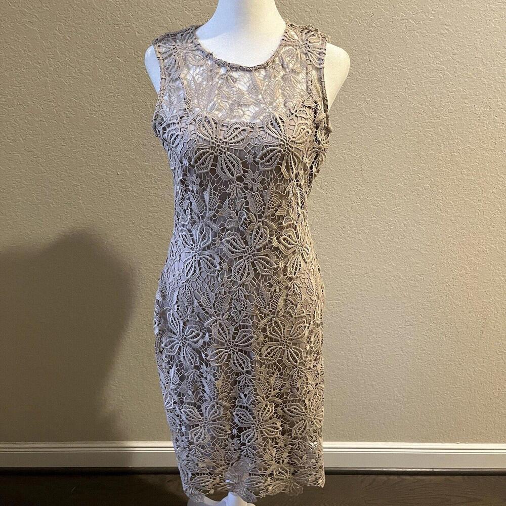 Calvin Klein Khaki Sleeveless Guipure Floral Lace Sheath Dress Womens Size 4